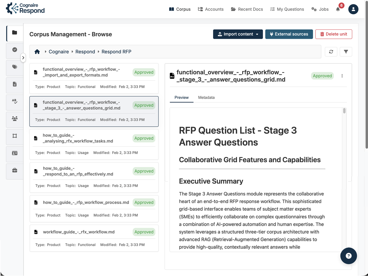 Content library (corpus) with AI document review